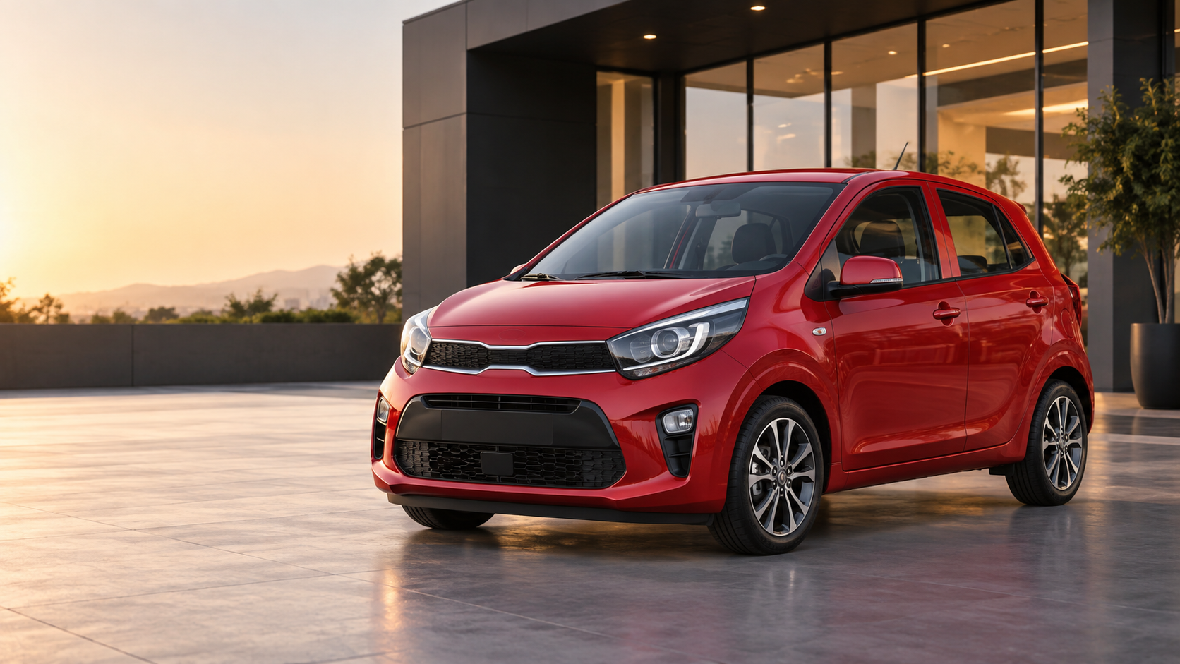 Kia Picanto merah bekas tampil prima di depan showroom modern